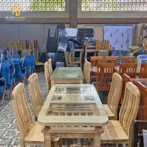 Bàn Ăn Gỗ Sồi Mặt Kính 4 Ghế Giá Xưởng