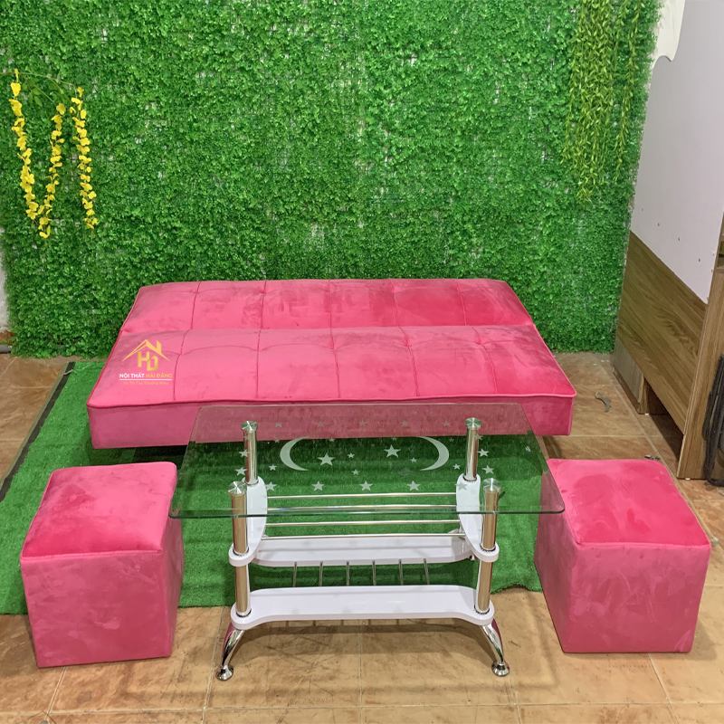 sofa-bed-hong-1 Sofa Bed Bọc Vải Nhung Màu Hồng Cao Cấp