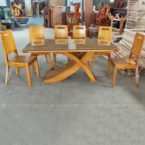 Bộ Bàn Ăn Gỗ Chân Chữ X Mặt Kính Hiện Đại