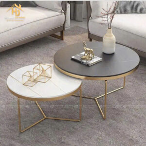 Bàn Sofa Đôi Mặt Đá, Chân Kim Loại Mạ Vàng