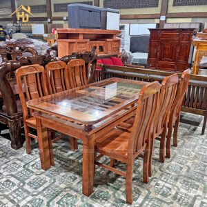 Bộ Bàn Ăn Gỗ 2 Tầng, 6 Ghế Mặt Kính Sang Trọng