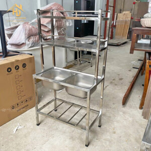 Bồn Rửa Inox 2 Hộc Có Giá Kệ Tiện Lợi Chống Gỉ 2 bon rua inox 16