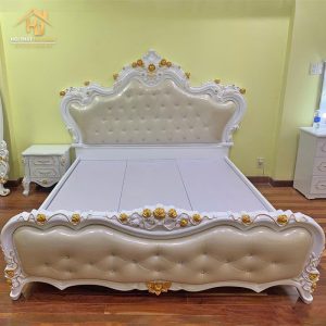 Giường Ngủ Tân Cổ Điển Bọc Da Màu Kem Sang Trọng