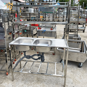 Bồn Rửa Inox 2 Hộc 1 Chờ Có Kệ
