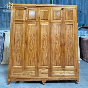 Tủ Quần Áo Gỗ Tự Nhiên Phủ Hương Xám 5 Cánh