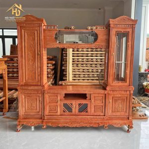Kệ Tivi Gỗ Chạm Khắc Họa Tiết Cổ Điển, Tủ Kính Bên Hông