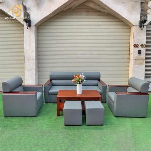 Sofa Da Xám Phối Tay Gỗ Đẹp Mắt