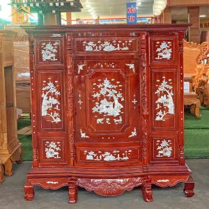 Tủ Thờ Gỗ Căm Cẩn Ốc Hình Cảnh Chùa Cây Đa