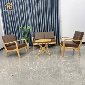 Bộ bàn ghế cafe gỗ bọc da nâu