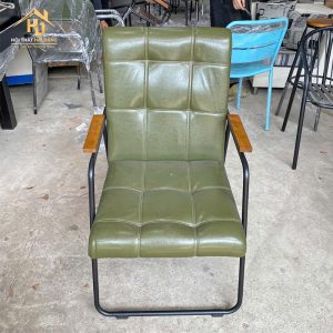ghế cafe bọc da xanh rêu phối tay gỗ
