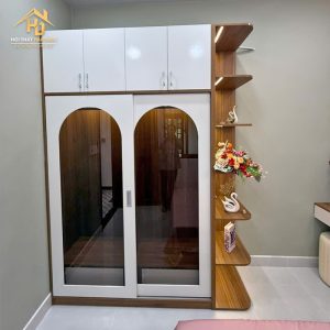 Tủ quần áo gỗ phối kính 2 cánh liền kệ
