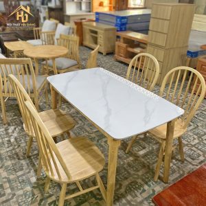 bộ bàn ăn mặt đá chân gỗ tự nhiên
