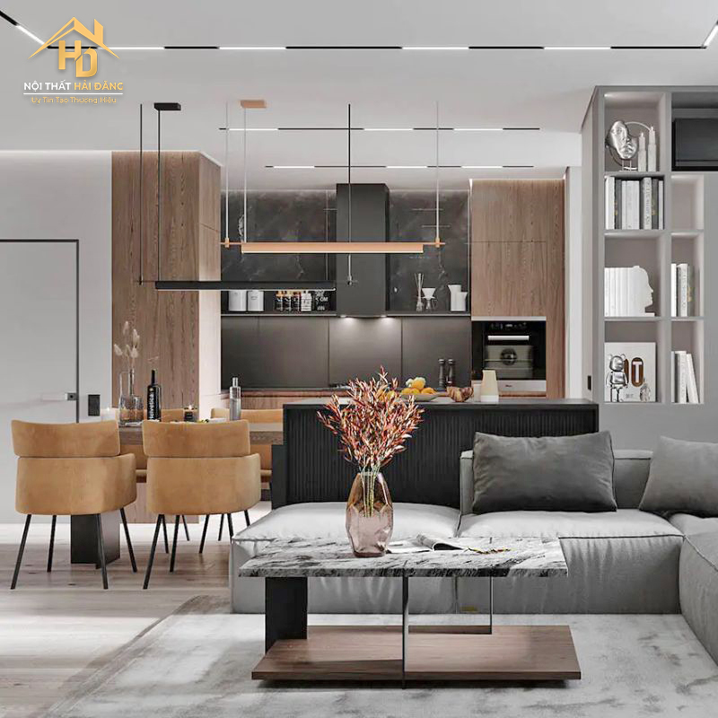 phong-khach-lien-bep-40m2 Top 10 Mẫu Phòng Khách Liền Bếp Đẹp, Tiện Nghi