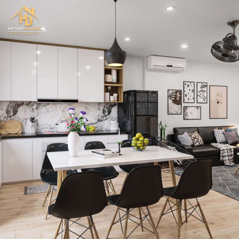 thiet-ke-bep-lien-phong-khach-chung-cu Top 10 Mẫu Phòng Khách Liền Bếp Đẹp, Tiện Nghi