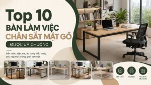 bàn làm việc chân sắt mặt gỗ