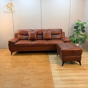 Sofa góc L bọc da màu nâu