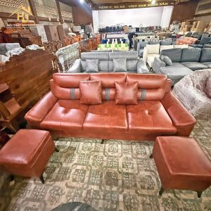 sofa góc bọc da màu nâu