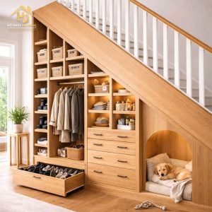 Tủ quần áo gầm cầu thang gỗ
