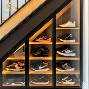 Tủ giày gầm cầu thang gỗ phối kính