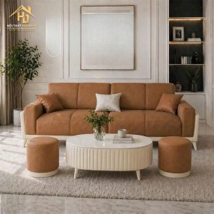 Sofa băng da nâu phối chân trắng