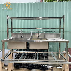 Lavabo công nghiệp 2 hộc 1 chờ có kệ