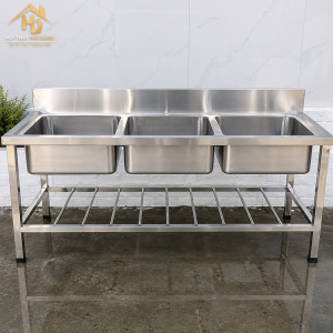Lavabo Công Nghiệp Inox 3 Hộc