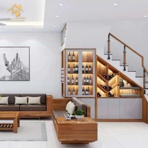 Tủ rượu âm gầm cầu thang có led