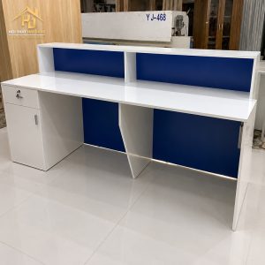 Quầy Lễ Tân Chữ L Trắng Xanh Hiện Đại 3 quay le tan trang phoi xanh 1