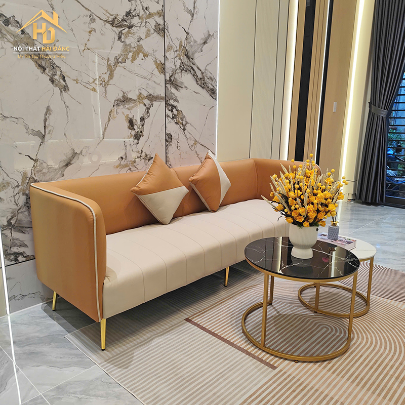 Sofa Băng Da Màu Cam Phối Kem Hiện Đại ban-sofa-da-1 Sofa Băng Da Màu Cam Phối Kem Hiện Đại