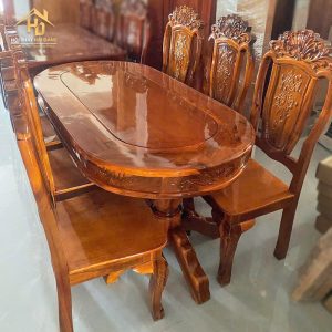 Bộ bàn ăn gỗ tự nhiên mặt oval