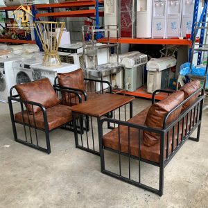 Bộ Sofa Cafe Khung Sắt Đệm Da Sang Trọng