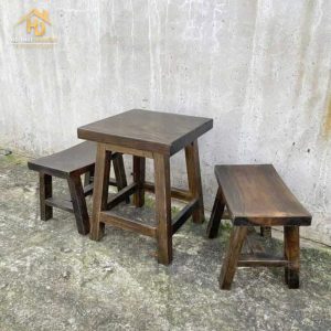 Bàn ăn ghế gỗ thông mặt cong