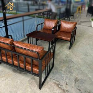 Bộ sofa cafe khung sắt đệm da