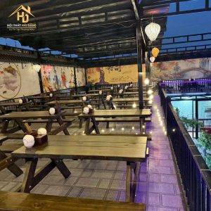 Bộ bàn ghế quán ăn gỗ băng dài