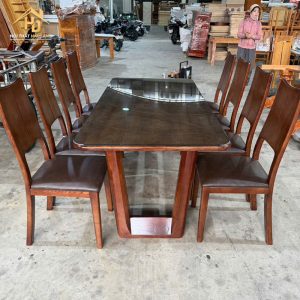 Bàn ăn chân u 6 ghế bọc nệm nâu