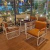 Bàn ghế cafe sắt trắng đan dây