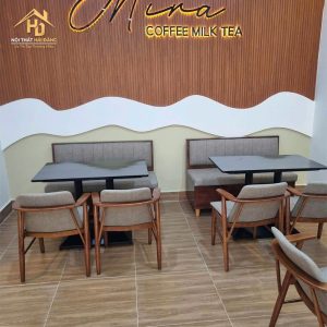 Bàn ghế cafe nệm xám khung gỗ