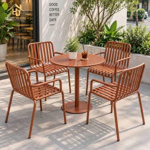 Bộ bàn ghế cafe sắt lưng nan nâu